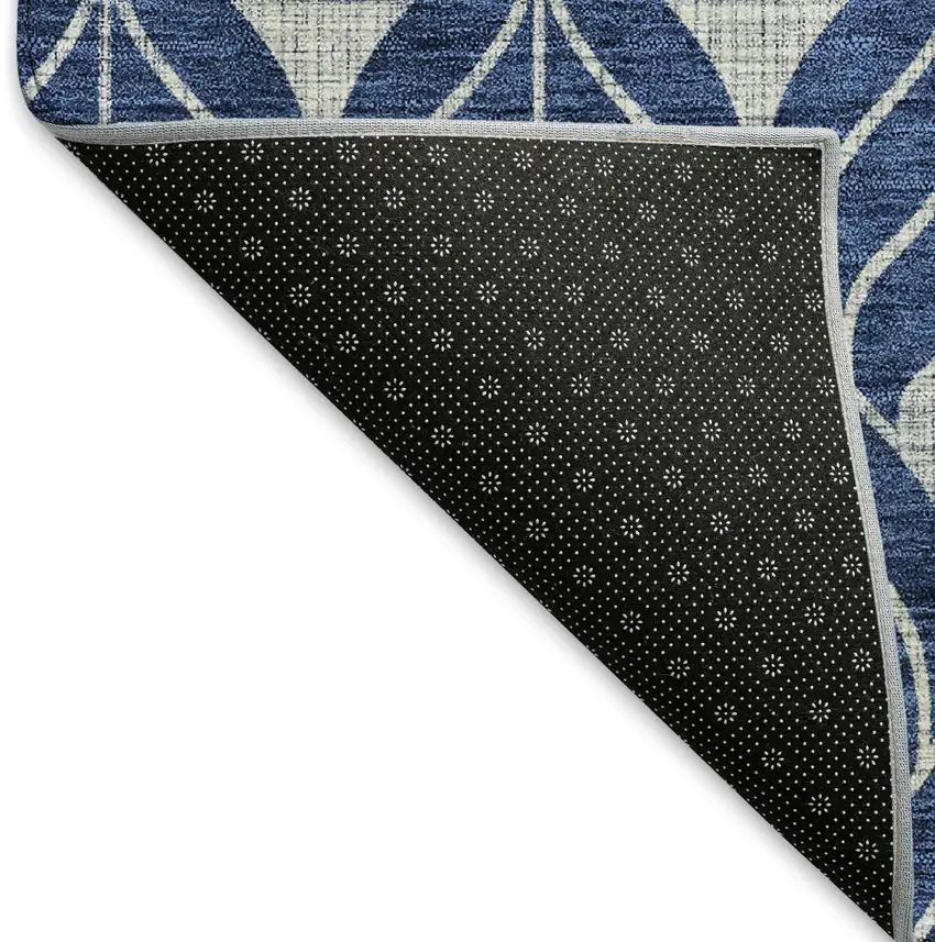 8' Navy Blue And Silver Geometric Washable Round Rug With UV Protection Photo 5
