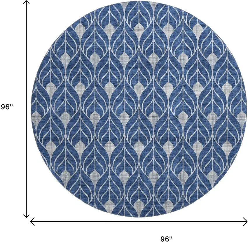 8' Navy Blue And Silver Geometric Washable Round Rug With UV Protection Photo 9