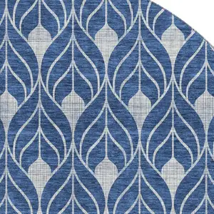 Photo of 8' Navy Blue And Silver Geometric Washable Round Rug With UV Protection