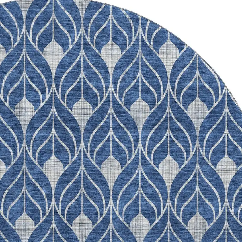 8' Navy Blue And Silver Geometric Washable Round Rug With UV Protection Photo 3