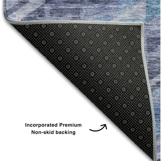 8' Navy Blue And Silver Geometric Washable Round Rug With UV Protection Photo 5