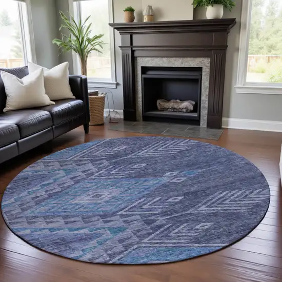 8' Navy Blue And Silver Geometric Washable Round Rug With UV Protection Photo 4
