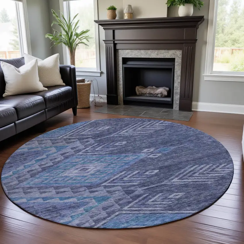 8' Navy Blue And Silver Geometric Washable Round Rug With UV Protection Photo 4