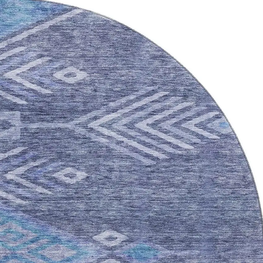 8' Navy Blue And Silver Geometric Washable Round Rug With UV Protection Photo 3