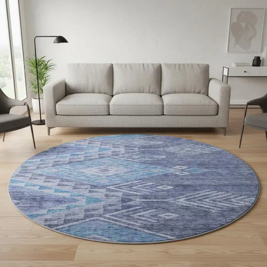 8' Navy Blue And Silver Geometric Washable Round Rug With UV Protection Photo 2