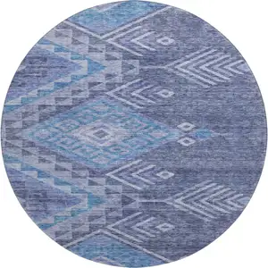 Photo of 8' Navy Blue And Silver Geometric Washable Round Rug With UV Protection