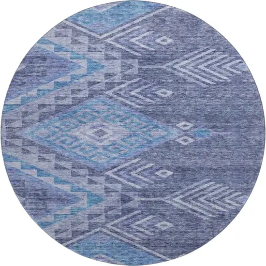 8' Navy Blue And Silver Geometric Washable Round Rug With UV Protection Photo 1