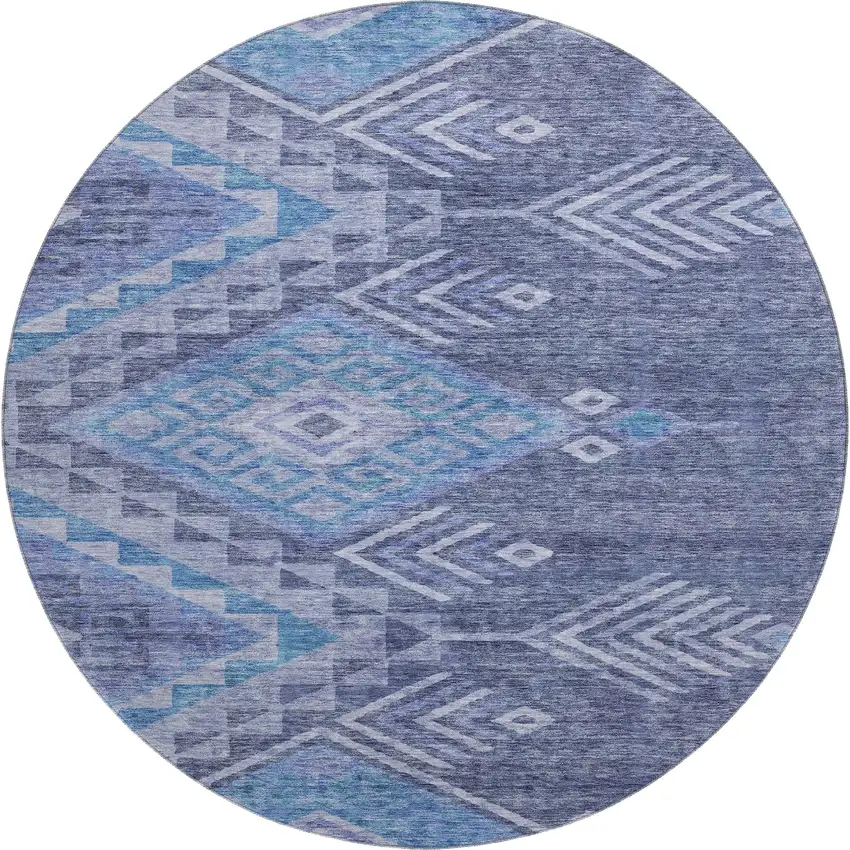 8' Navy Blue And Silver Geometric Washable Round Rug With UV Protection Photo 1
