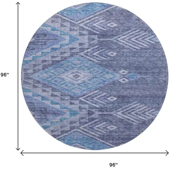 8' Navy Blue And Silver Geometric Washable Round Rug With UV Protection Photo 9