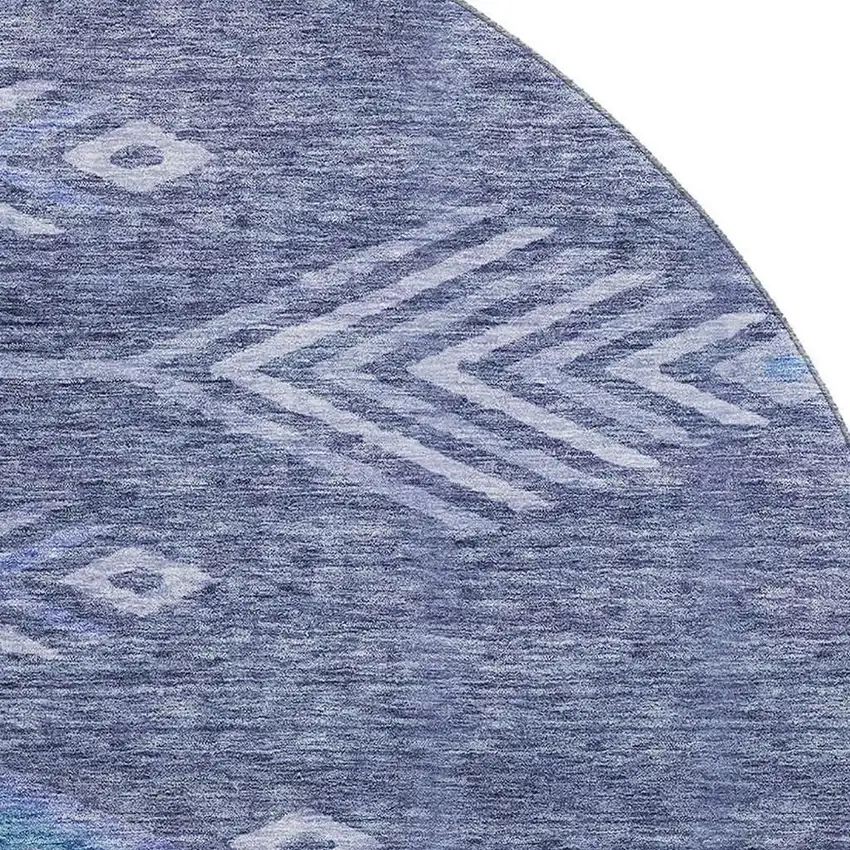 8' Navy Blue And Silver Geometric Washable Round Rug With UV Protection Photo 2