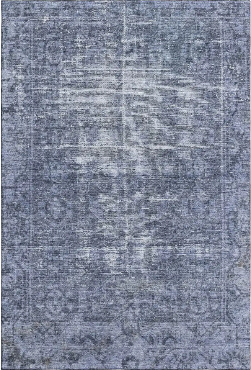 8' Navy Blue And Silver Oriental Washable Area Rug With UV Protection Photo 1