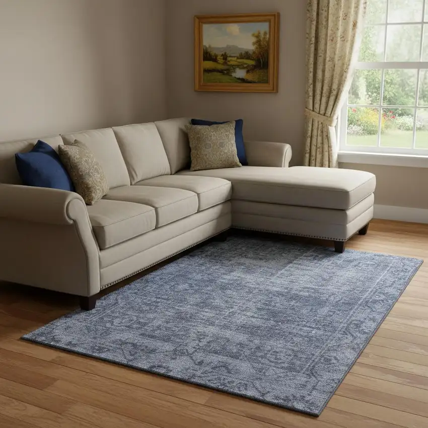 8' Navy Blue And Silver Oriental Washable Area Rug With UV Protection Photo 2