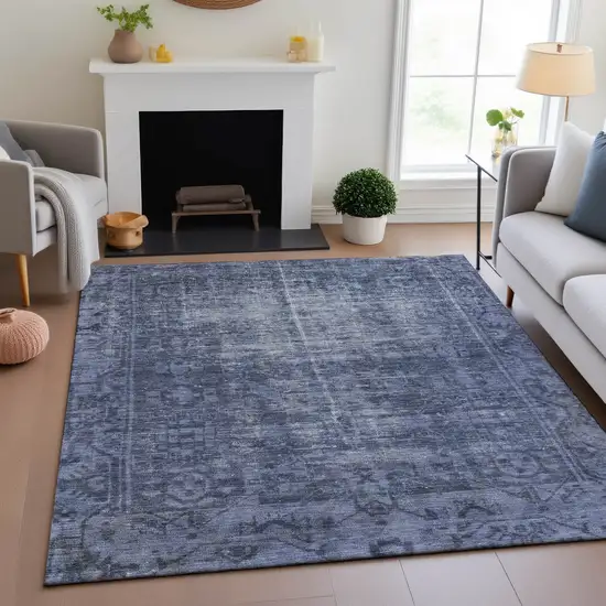 8' Navy Blue And Silver Oriental Washable Area Rug With UV Protection Photo 4