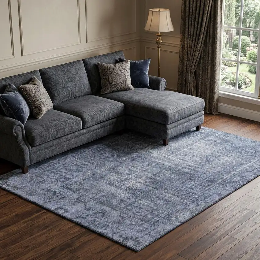 8' Navy Blue And Silver Oriental Washable Area Rug With UV Protection Photo 1