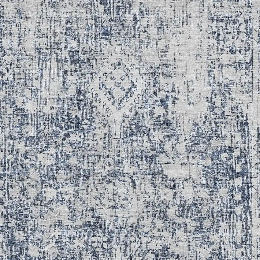 8' Navy Blue And Silver Oriental Washable Area Rug With UV Protection Photo 2