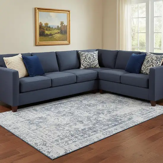 8' Navy Blue And Silver Oriental Washable Area Rug With UV Protection Photo 2