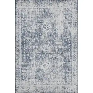Photo of 8' Navy Blue And Silver Oriental Washable Area Rug With UV Protection
