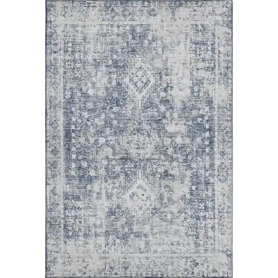 8' Navy Blue And Silver Oriental Washable Area Rug With UV Protection Photo 1