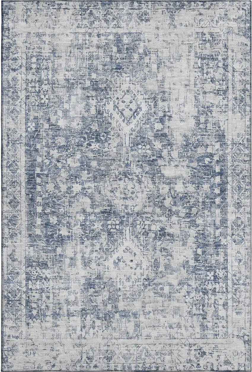 8' Navy Blue And Silver Oriental Washable Area Rug With UV Protection Photo 1