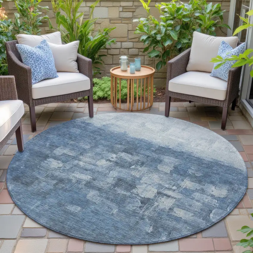8' Navy Blue And Silver Round Abstract Washable Indoor Outdoor Area Rug Photo 6