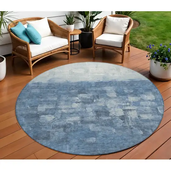 8' Navy Blue And Silver Round Abstract Washable Indoor Outdoor Area Rug Photo 1