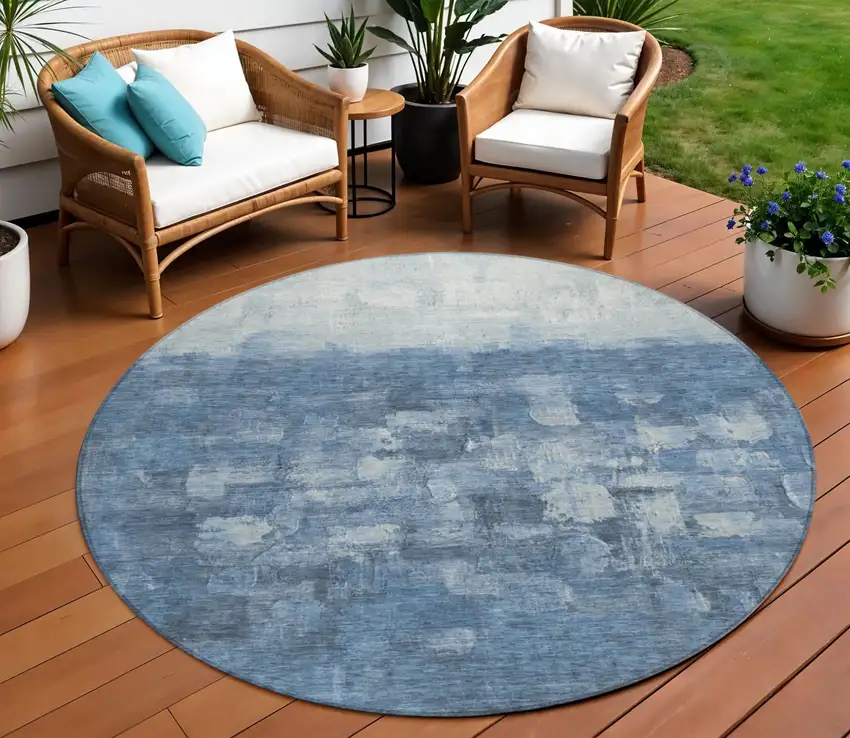 8' Navy Blue And Silver Round Abstract Washable Indoor Outdoor Area Rug Photo 1