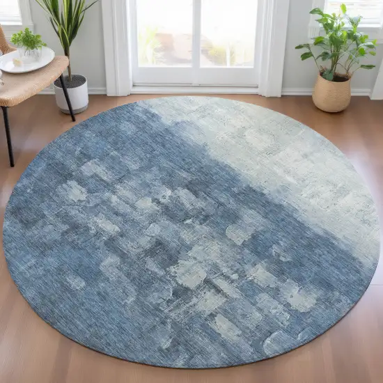 8' Navy Blue And Silver Round Abstract Washable Indoor Outdoor Area Rug Photo 7