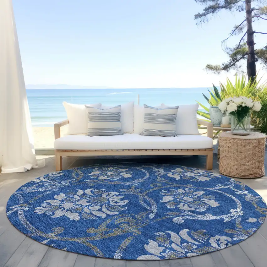 8' Navy Blue And Silver Round Floral Washable Indoor Outdoor Area Rug Photo 7