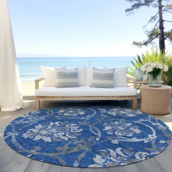8' Navy Blue And Silver Round Floral Washable Indoor Outdoor Area Rug Photo 7
