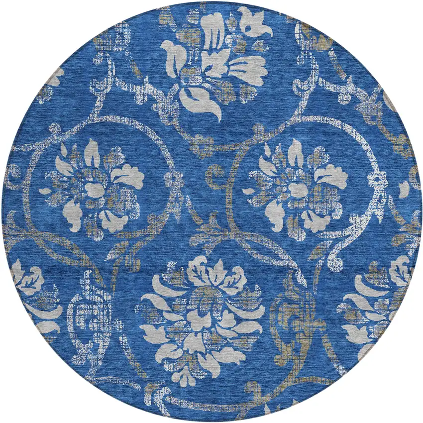 8' Navy Blue And Silver Round Floral Washable Indoor Outdoor Area Rug Photo 1