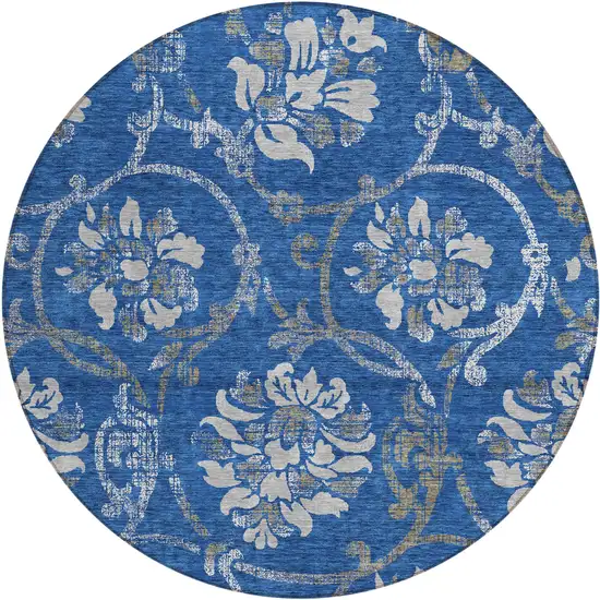8' Navy Blue And Silver Round Floral Washable Indoor Outdoor Area Rug Photo 1