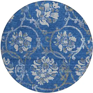 Photo of 8' Navy Blue And Silver Round Floral Washable Indoor Outdoor Area Rug