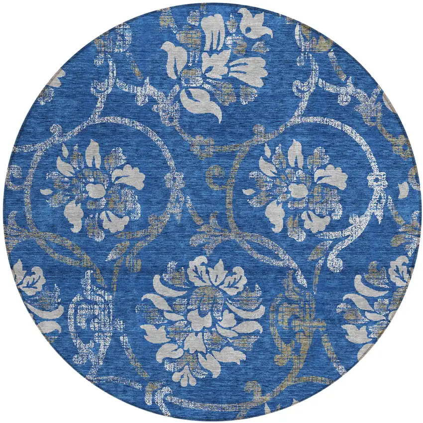 8' Navy Blue And Silver Round Floral Washable Indoor Outdoor Area Rug Photo 1