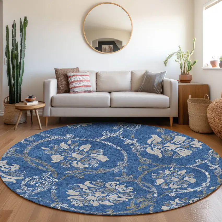 8' Navy Blue And Silver Round Floral Washable Indoor Outdoor Area Rug Photo 8