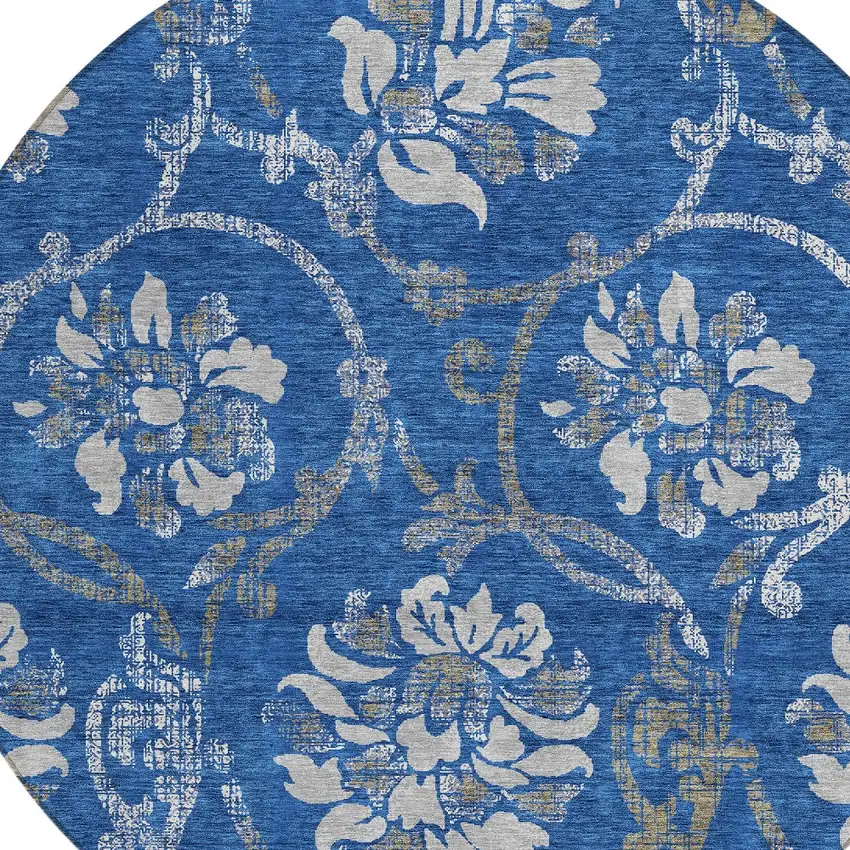 8' Navy Blue And Silver Round Floral Washable Indoor Outdoor Area Rug Photo 4