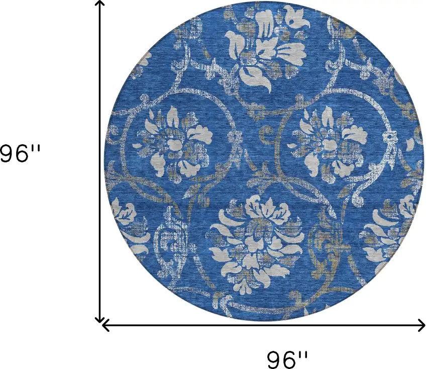 8' Navy Blue And Silver Round Floral Washable Indoor Outdoor Area Rug Photo 9