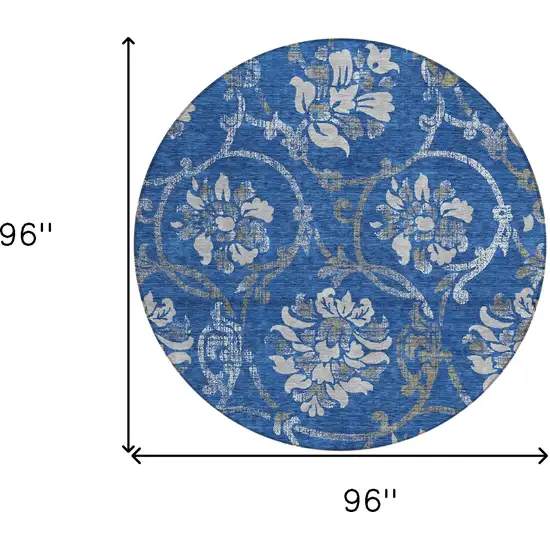 8' Navy Blue And Silver Round Floral Washable Indoor Outdoor Area Rug Photo 9