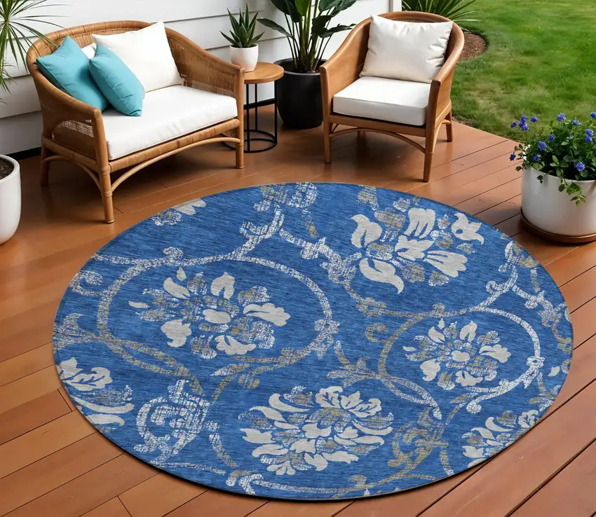 8' Navy Blue And Silver Round Floral Washable Indoor Outdoor Area Rug Photo 1