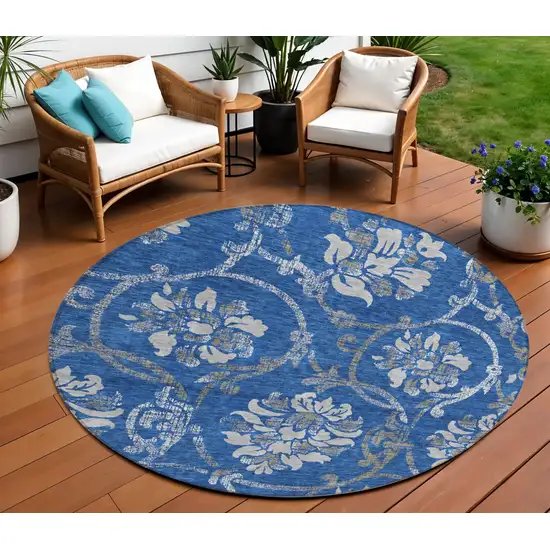 8' Navy Blue And Silver Round Floral Washable Indoor Outdoor Area Rug Photo 1
