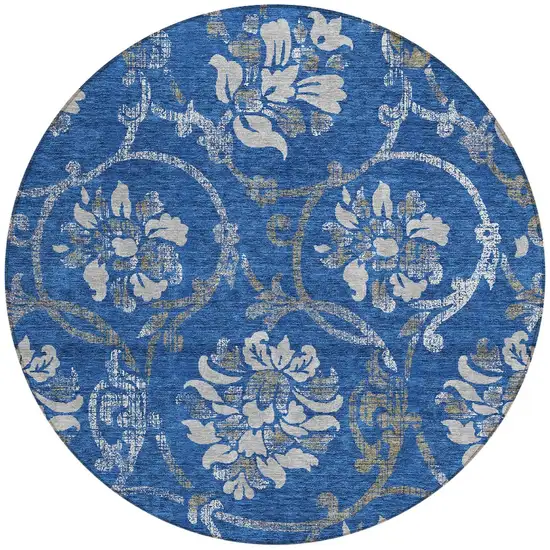 8' Navy Blue And Silver Round Floral Washable Indoor Outdoor Area Rug Photo 6