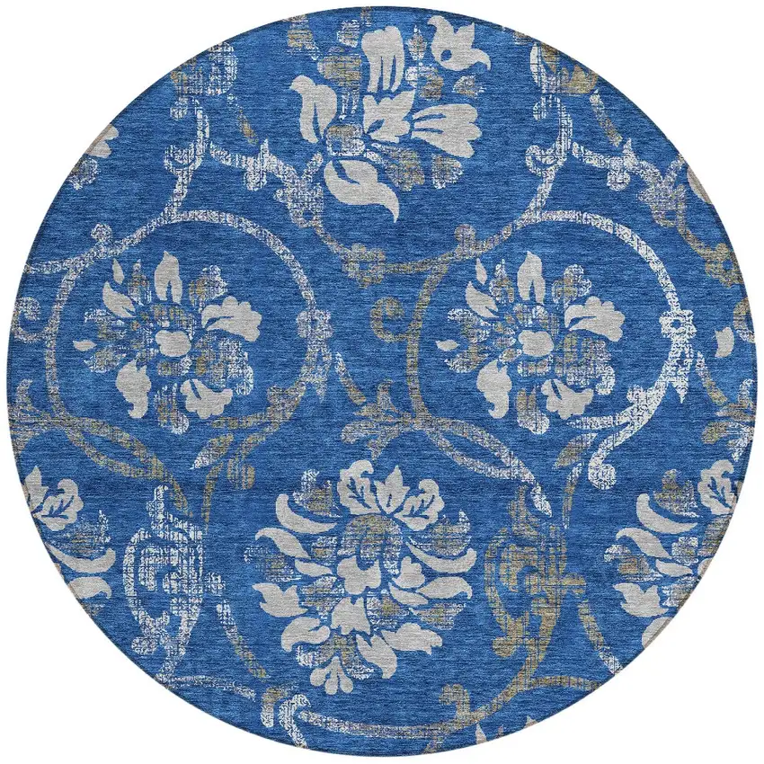 8' Navy Blue And Silver Round Floral Washable Indoor Outdoor Area Rug Photo 6