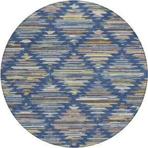 Photo of 8' Navy Blue And Silver Round Southwestern Washable Indoor Outdoor Area Rug