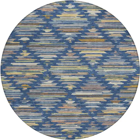 8' Navy Blue And Silver Round Southwestern Washable Indoor Outdoor Area Rug Photo 1