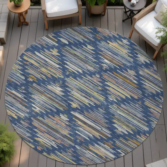 8' Navy Blue And Silver Round Southwestern Washable Indoor Outdoor Area Rug Photo 4