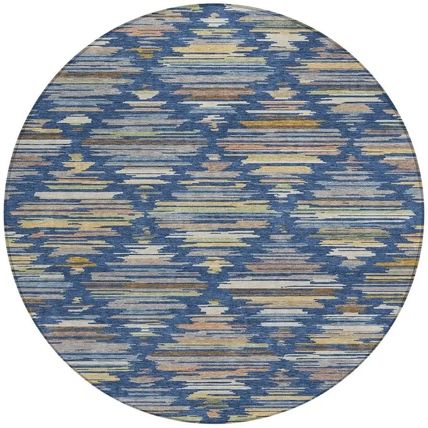 8' Navy Blue And Silver Round Southwestern Washable Indoor Outdoor Area Rug Photo 3