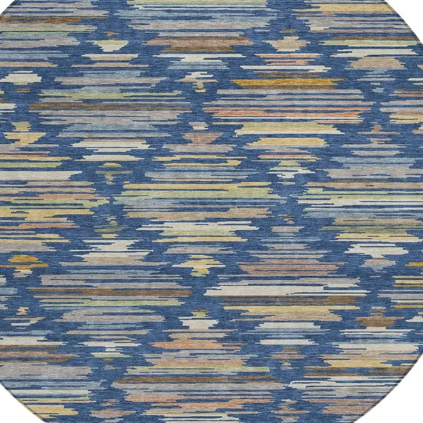 8' Navy Blue And Silver Round Southwestern Washable Indoor Outdoor Area Rug Photo 2