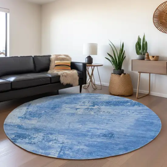 8' Navy Blue And Sky Blue Abstract Washable Round Rug With UV Protection Photo 4