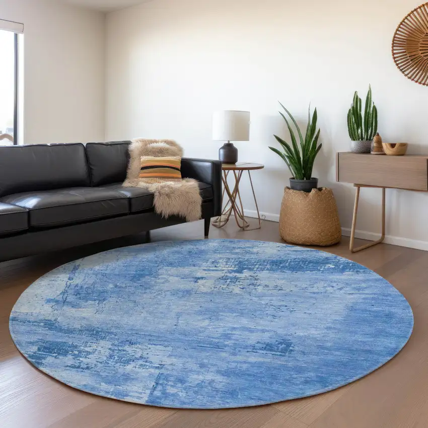 8' Navy Blue And Sky Blue Abstract Washable Round Rug With UV Protection Photo 4