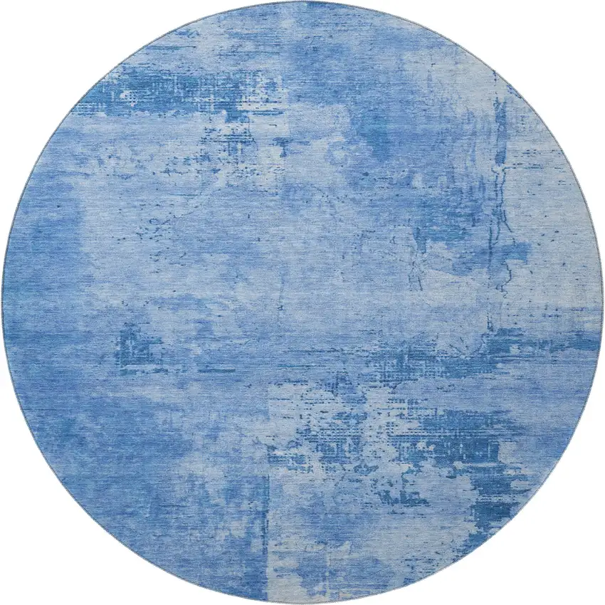 8' Navy Blue And Sky Blue Abstract Washable Round Rug With UV Protection Photo 3