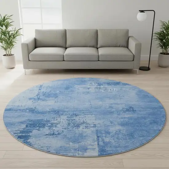 8' Navy Blue And Sky Blue Abstract Washable Round Rug With UV Protection Photo 2